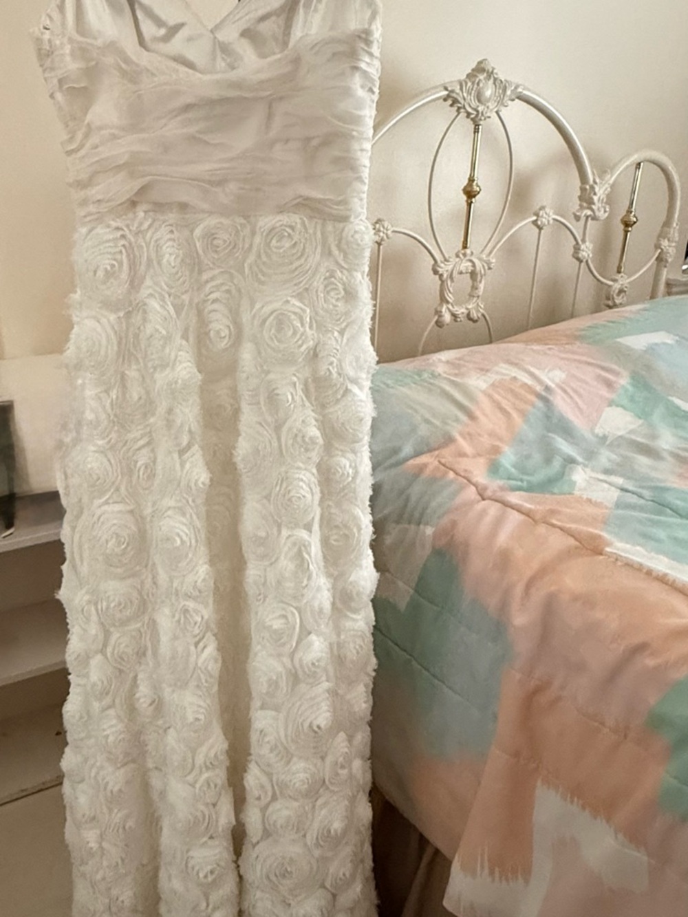 ABS Allen Schwartz White Strapless Rosette Gown
